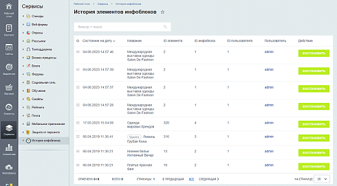История изменения элементов инфоблока