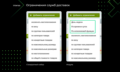 Intensa: Расширение набора ограничений для служб доставок и оплат для интернет-магазина