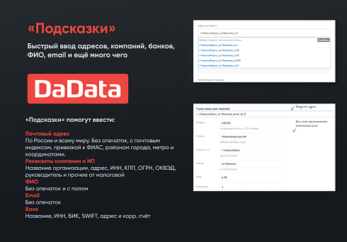 Подсказки по ФИО, адресам и реквизитам компаний на странице заказа Dadata.ru