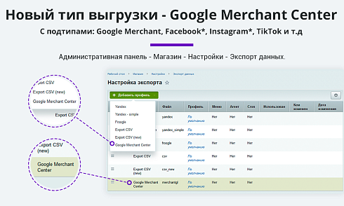 Выгрузка товаров в Google Merchant, Facebook*, Instagram* (экспорт каталога, автообновляемый фид)